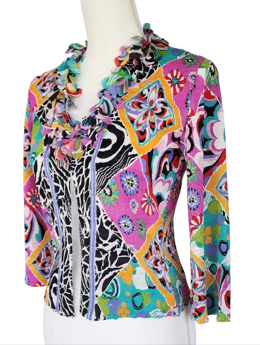 Alberto Makali Pink Teal Multi-Color Ruffle-Trim Button Down Top - Picture 3 of 8